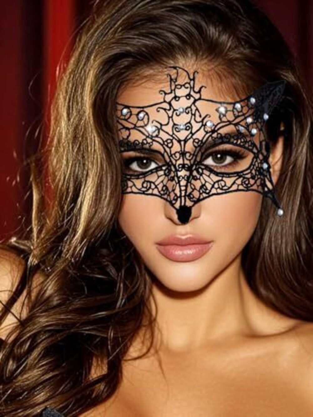 3398 Black Masquerade Mask Shiny Rhinestone Lace Mask Venetian Ball Eye